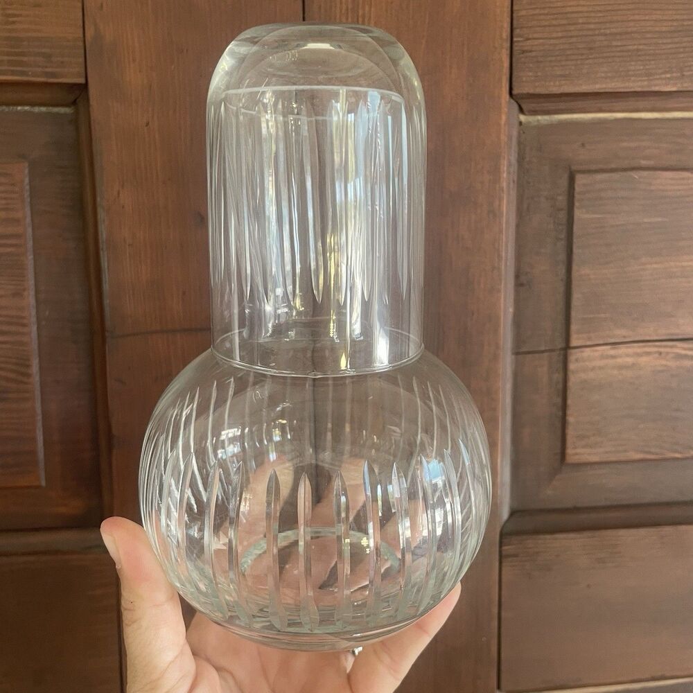 MT850 Vintage Cut Crystal Bedside Water Carafe w Matching Cup As Lid